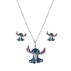 Lilo and Stitch Stud Earring and Pendant Necklaces Set in Sterling Silver