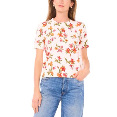 VINCE CAMUTO SHORT SLEEVE SWEATER - ORANGE MULTI S:- Orange Multi, S