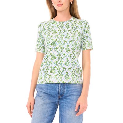 VINCE CAMUTO SHORT SLEEVE SWEATER - GREEN MULTI XL:- Green Multi, XL