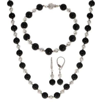 Black Onyx Bead Bar Necklace in 925 Sterling Silver Genuine Gemstone 