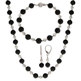 Black Onyx and Sterling Silver Bead Necklace, Earring, and Bracelet Set