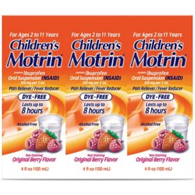 Children's Motrin Pain Reliever/Fever Reducer NSAID, 100 mg Ibuprofen, Original Berry 4 oz., 3 pk.