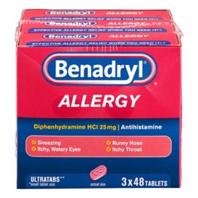 Benadryl Ultratabs Allergy Tablets, 25 mg diphenhydramine HCI 48 ct., 3 pk.