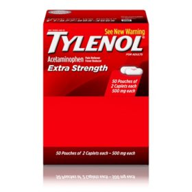 Tylenol Extra Strength Caplets, 500 mg Acetaminophen 2 caplets/pk., 50 pk.