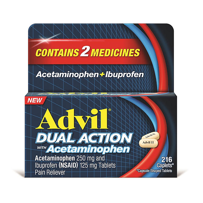 Advil Dual Action Pain Reliever Caplet, 250 mg Acetaminophen and 125 mg Ibuprofen (216 ct.)