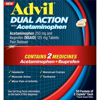 Advil Dual Action Coated Caplets, 250mg Ibuprofen and 500mg Acetaminophen,  Dispenser (50 ct., 2 pk.) - Sam's Club