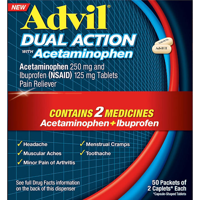Advil Dual Action Caplet,  250 mg Acetaminophen and 150 mg Ibuprofen 50 ct., 2 pk.