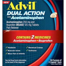 Advil Dual Action Caplet,  250 mg Acetaminophen and 150 mg Ibuprofen 50 ct., 2 pk.