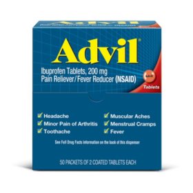 Advil Pain Reliever and Fever Reducer Coated Tablet,  200 mg Ibuprofen, 2 tablets/pk., 50 pk.