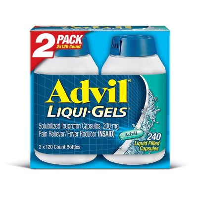 Advil Liqui-Gels Pain Reliever/Fever Reducer Liquid-Filled Capsule, 200mg  Ibuprofen (120 ct., 2 pk.) - Sam's Club