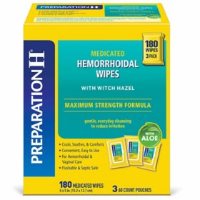 Preparation H Maximum Strength Medicated Hemorrhoidal Flushable Wipes, 3 ct., 180 wipes