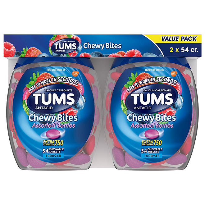TUMS Chewy Bites Chewable Antacid Tablets for Heartburn Relief, Assorted Berries (54 ct./pk., 2 pk.)