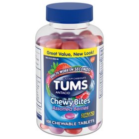 TUMS Chewy Bites Chewable Antacid Tablets for Heartburn Relief, Assorted Berries 108 ct.