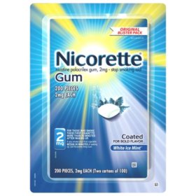 Nicorette Gum Stop Smoking Aid, 2 mg, White Ice Mint 100 ct./pk., 2 pk.