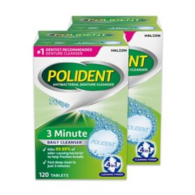 Polident 3-Minute Triple-Mint Antibacterial Denture Cleanser, Effervescent Tablets, 120 ct., 2 pk. 