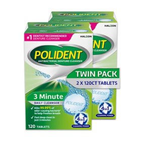 Polident 3-Minute Triple-Mint Antibacterial Denture Cleanser, Effervescent Tablets, 120 ct., 2 pk. 