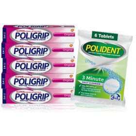 Poligrip Denture Adhesive Cream (2.4 oz., 5 ct.) with Polident 3-Minute Cleanser (6 Tablets)