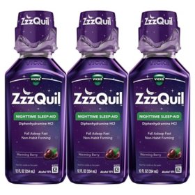 ZzzQuil Nighttime Sleep-Aid Liquid, Warming Berry 12 fl. oz./pk., 3 pk.
