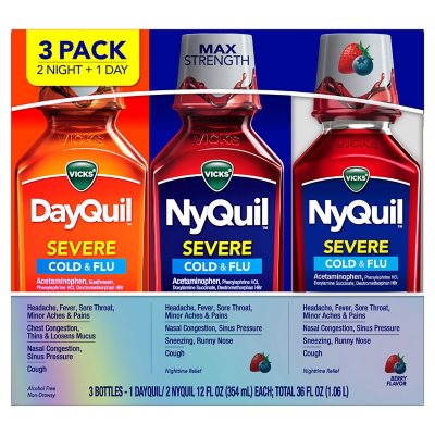 Vicks DayQuil and NyQuil SEVERE Cold & Flu Relief Liquid, Berry Flavor (3 pk., 12 fl.oz./Bottle) - Sam's Club