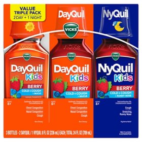 Vicks DayQuil and NyQuil Kids' Cold & Cough Liquid Medicine, Berry Flavor 3 pk., 8 fl.oz./Bottle