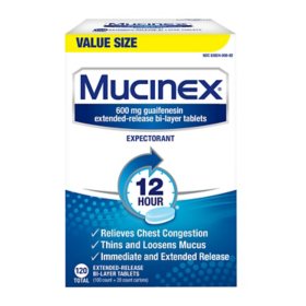 Mucinex 12-Hour Chest Congestant & Mucus Relief Tablets, 600 mg Guaifenesin 120 ct.