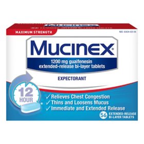 Mucinex 12-Hour Maximum Strength Chest Congestion Expectorant Tablets, 1200 mg Guaifenesin 56 ct.