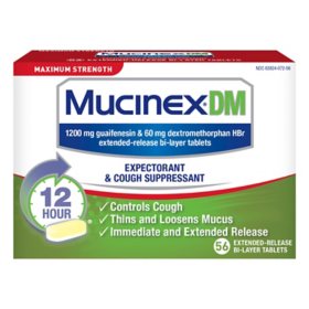 Mucinex DM 12-Hour Maximum Strength Mucus Relief Tablets, 1200 mg Guaifenesin (56 ct.)