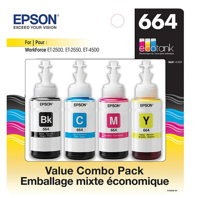 Epson EcoTank T664 Value Combo Pack, Black/Cyan/Magenta/Yellow