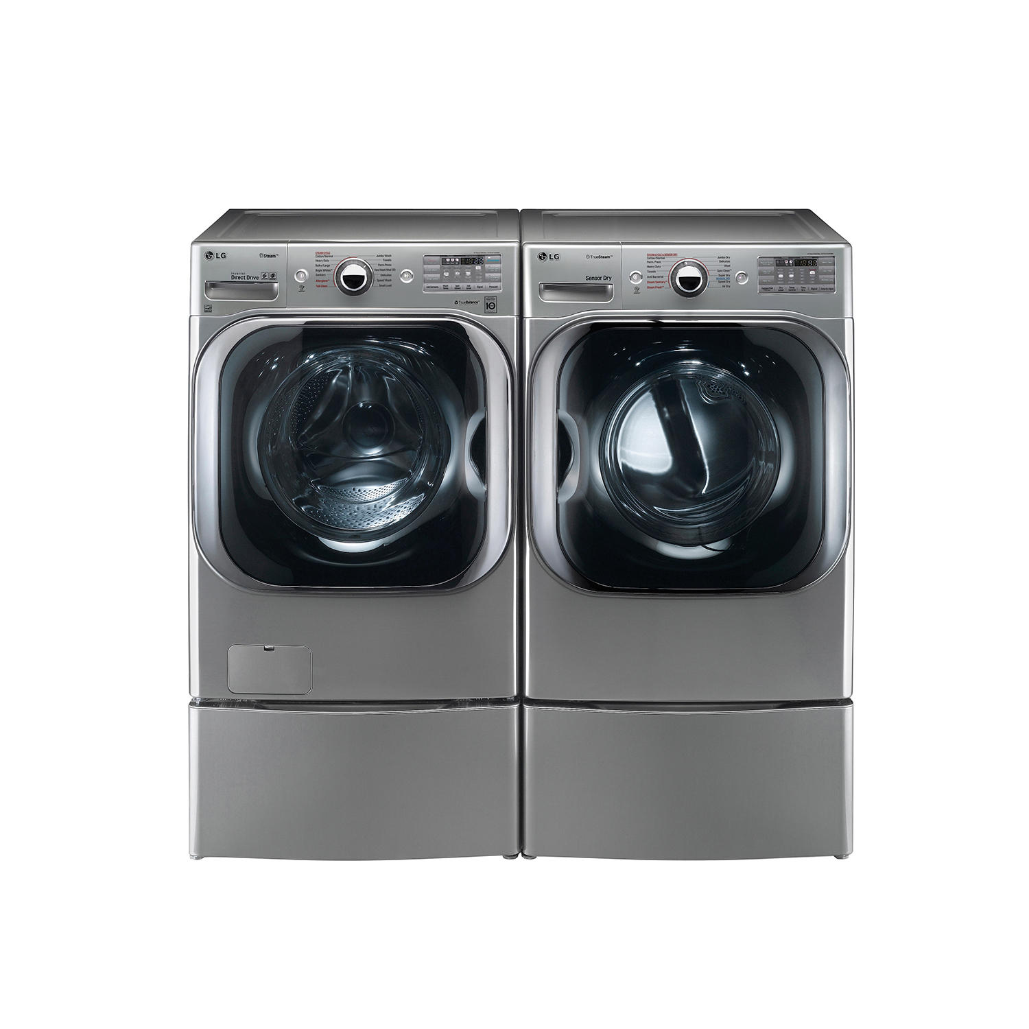 LG WM8100HVA Mega-Capacity Front-Load Washer with Laundry Pedestal and LG DLEX8100V Electric Dryer with Laundry Pedestal Bundle in Graphite Steel
