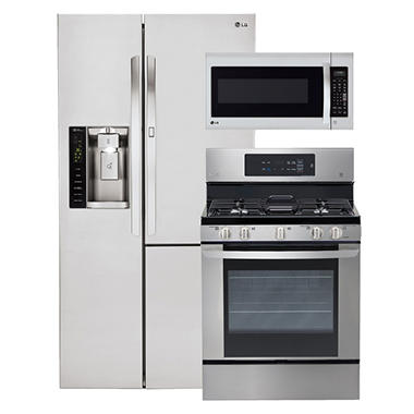 LG 26 cu. ft. Side-by-Side Refrigerator + Single-Oven Gas Range +Over-the-Range Microwave Bundle
