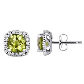 Cushion-Cut Peridot and Diamond Earrings in 14K White Gold