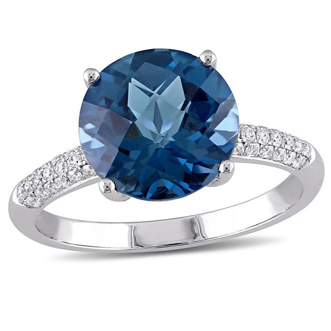 Checkerboard London Blue Topaz and 0.17 CT. T.W. Diamond Cocktail Ring in 14K White Gold