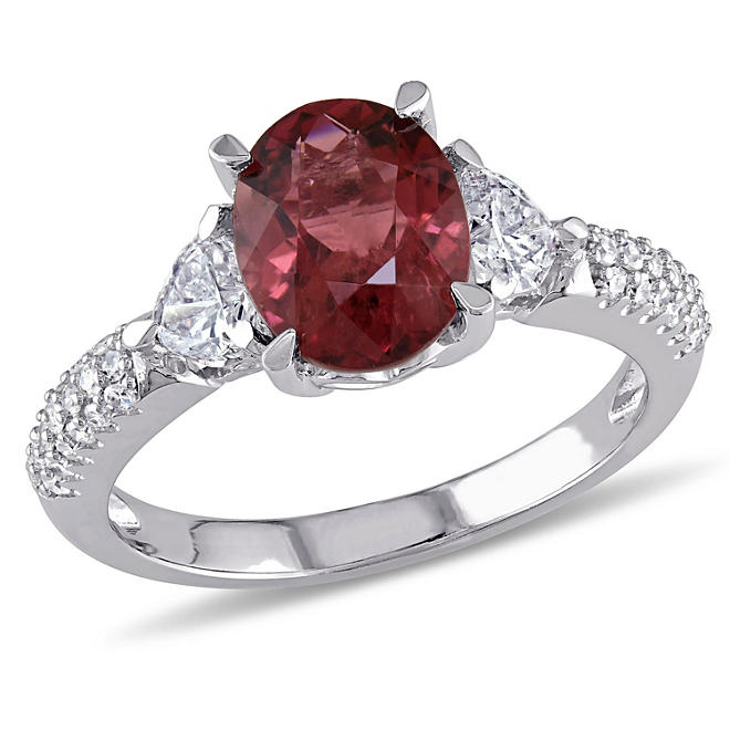 Allura Oval-Cut Pink Tourmaline with 0.58 CT. Heart and Round-Cut Diamond Accent Floral Ring in 14K White Gold