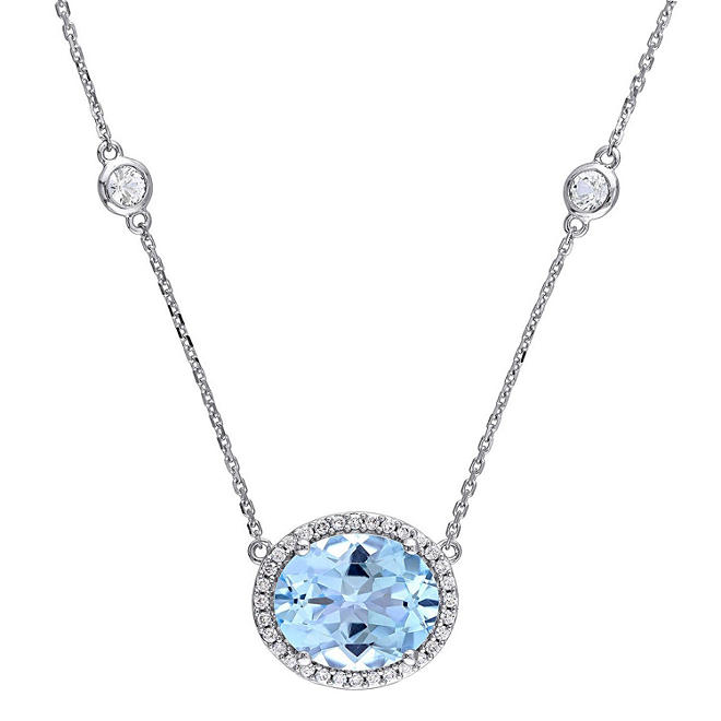 Blue Topaz and White Sapphire with 0.13 CT.T.W Diamond Halo Station Necklace in 14K White Gold