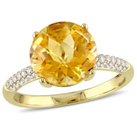 Checkerboard-Cut Citrine and Diamond Accent Cocktail Ring in 14K Gold