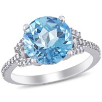 Natural Blue Topaz Cocktail Ring with 0.13 CT. T.W. Diamonds in 14K White Gold