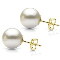 White Grade AAA Round Cultured Freshwater Pearl Stud Earring with 14k Yellow Gold Post - Various Pearl Sizes Available