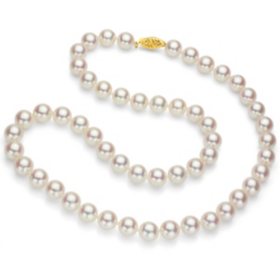 White Round Akoya Pearl 24" Strand Necklace with 14k Yellow Gold Clasp - Various Pearl Size Available