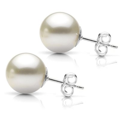 White Grade AAA Round Akoya Pearl Stud Earring with 14K White Gold