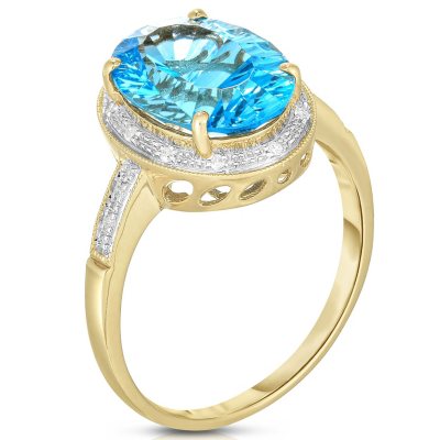 Oval Concave Cut Blue Topaz Ring with Diamonds in 14K Yellow Gold