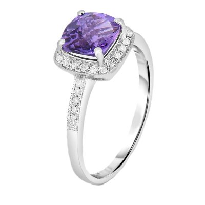 Cushion Cut Amethyst Ring with Diamonds in 14K White Gold