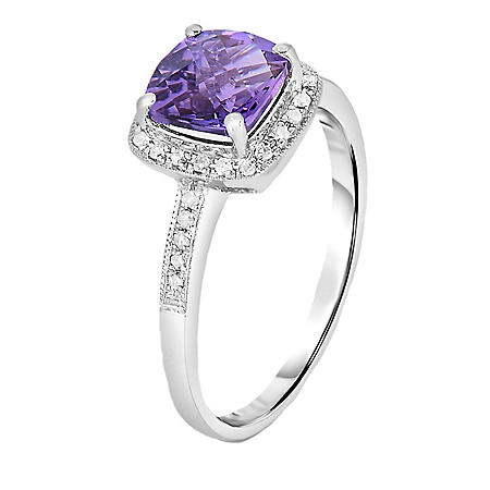 Cushion Cut Amethyst Ring with Diamonds in 14K White Gold