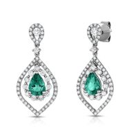 Pear Shaped Emerald Earrings with Diamonds in 18K White Gold