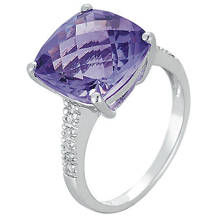 Cushion-Cut Amethyst Ring with Diamonds in 14K White Gold (I, I1)