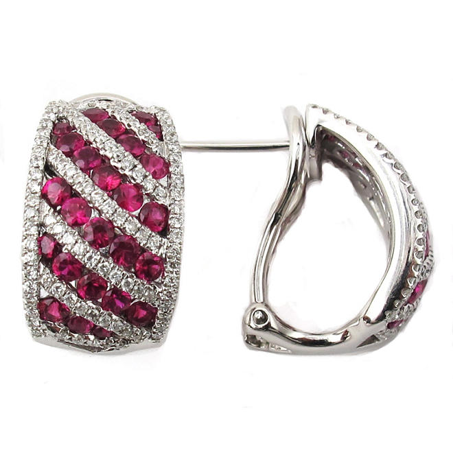 Round Ruby and Diamond Earrings in 18K White Gold (H, I1)