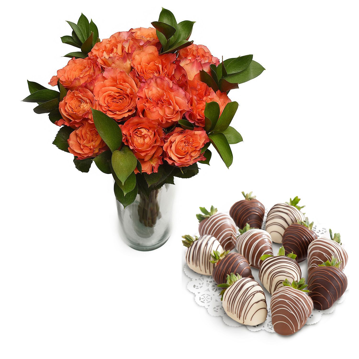 Blooms & Berries 1 Dozen Roses Valentine’s Day Special with Vase + Assorted Chocolate Covered Strawberries (12-count)