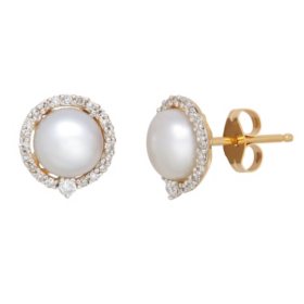Freshwater Cultured Pearl Earrings with Diamond Accents in 14k Yellow Gold