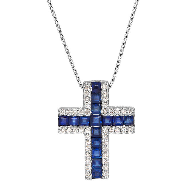 Sapphire and Diamond Accent Cross Pendant in 14K White Gold