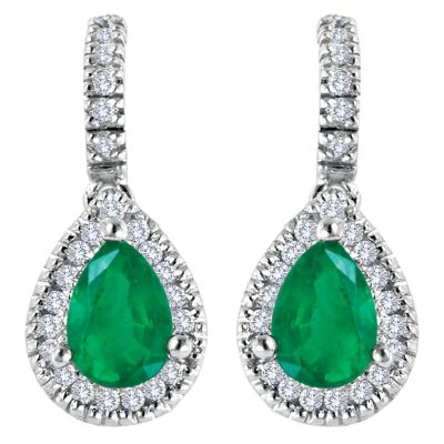 Pear-shaped Emerald and Diamond Earrings set in 14K White Gold (I, I1)