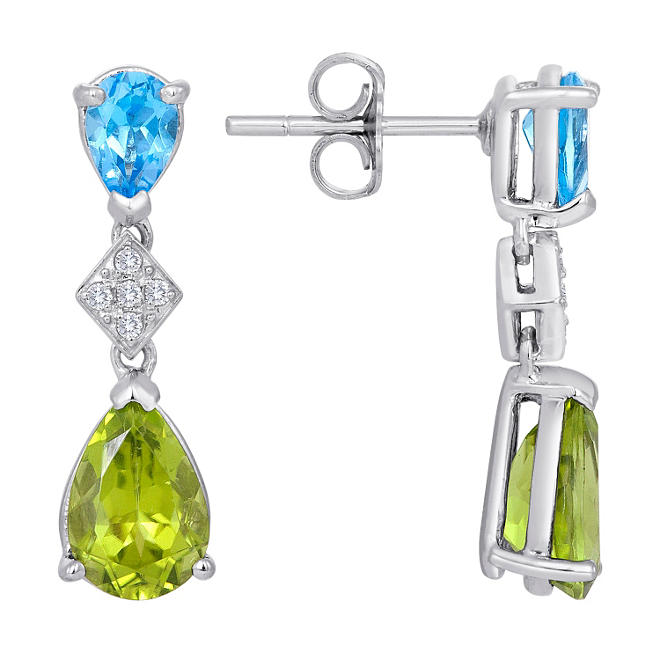 Peridot with Blue Topaz and Diamond Dangle Earrings in 14K White Gold